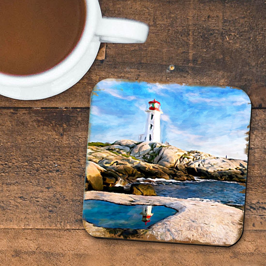 Lighthouse Bay Coastal Wooden Cork Coasters Gift Set of 4 by Nature Wonders - Coastal Sea-Life Decor - 95268C-S4