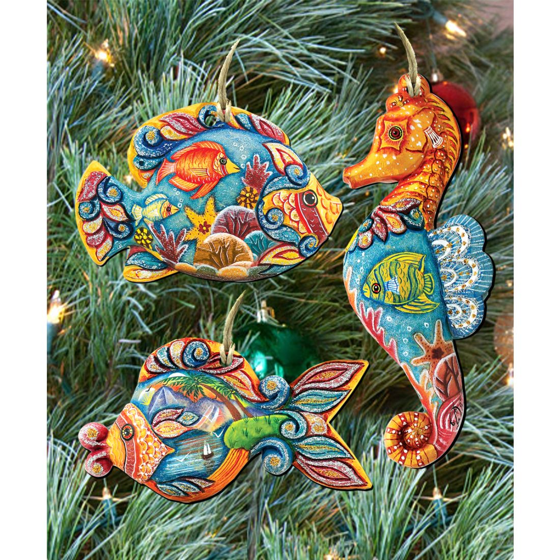 Coastal Wooden Ornaments Set of 3 by G. DeBrekht - Coastal Holiday Decor - 8100035S3