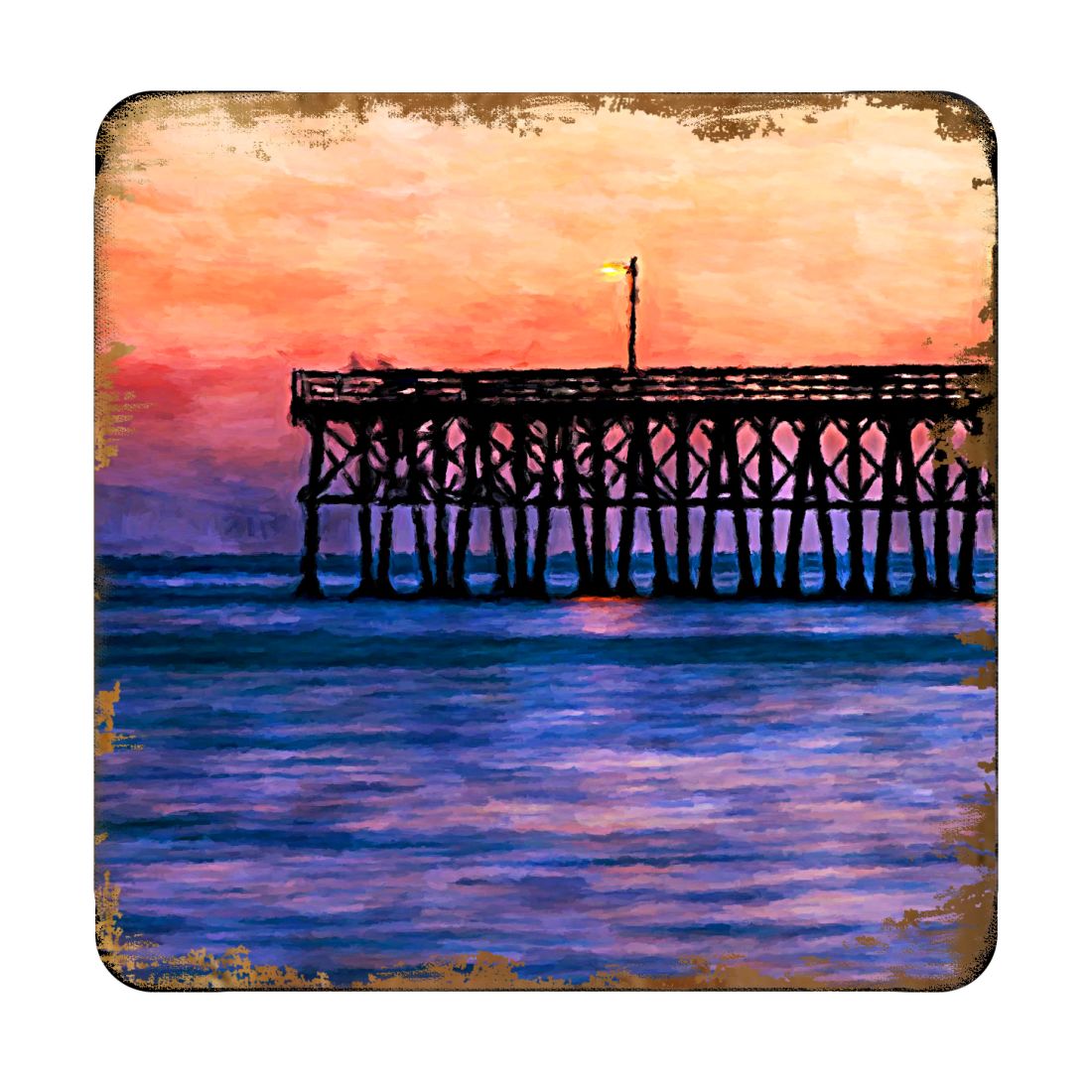 Pier at Sunset Coastal Wooden Cork Coasters Gift Set of 4 by Nature Wonders - Coastal Sea-Life Decor - 95359C-S4