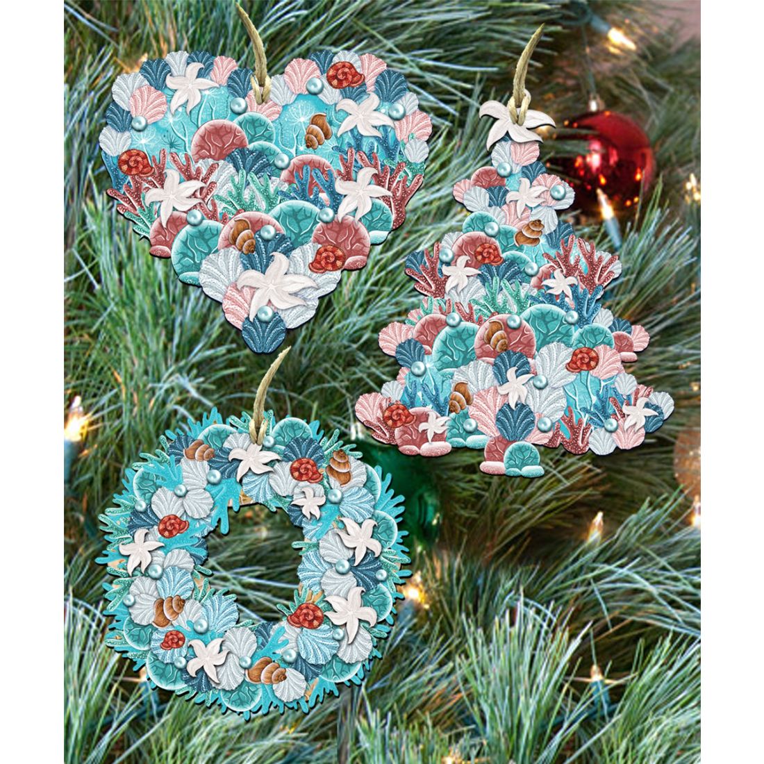 Coastal Wreath Wooden Ornaments Set of 3 by G. DeBrekht - Coastal Holiday Decor - 8100033S3
