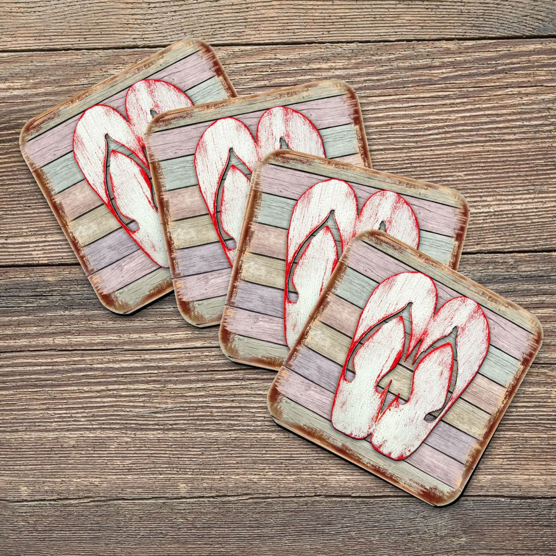 Flip Flops Coastal Wooden Cork Coasters Gift Set of 4 by Nature Wonders - Coastal Sea-Life Decor - 8198523-9C-S4