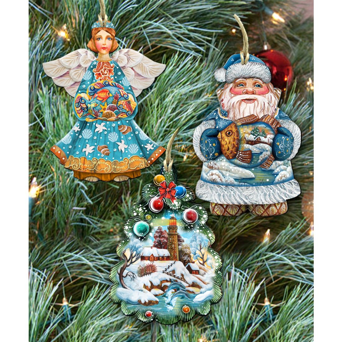 Coastal Wooden Ornaments Set of 3 by G. DeBrekht - Coastal Holiday Decor - 8100036S3