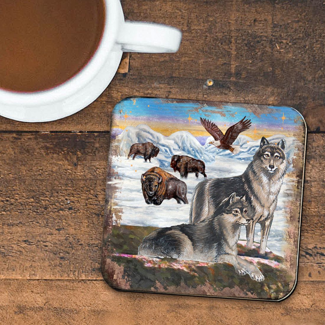 Winter Wolves Wooden Cork Coasters Gift Set of 4 by Nature Wonders - Nature Wildlife Decor - 95222C-S4