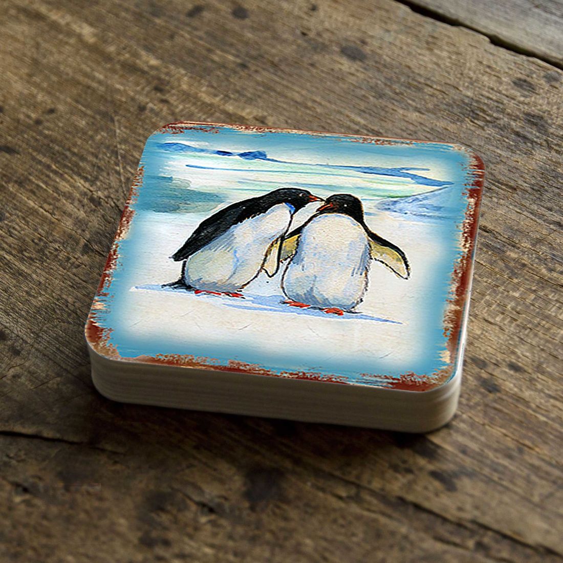 Penguins Wooden Cork Coasters Gift Set of 4 by Nature Wonders - Nature Wildlife Decor - 95382C-S4