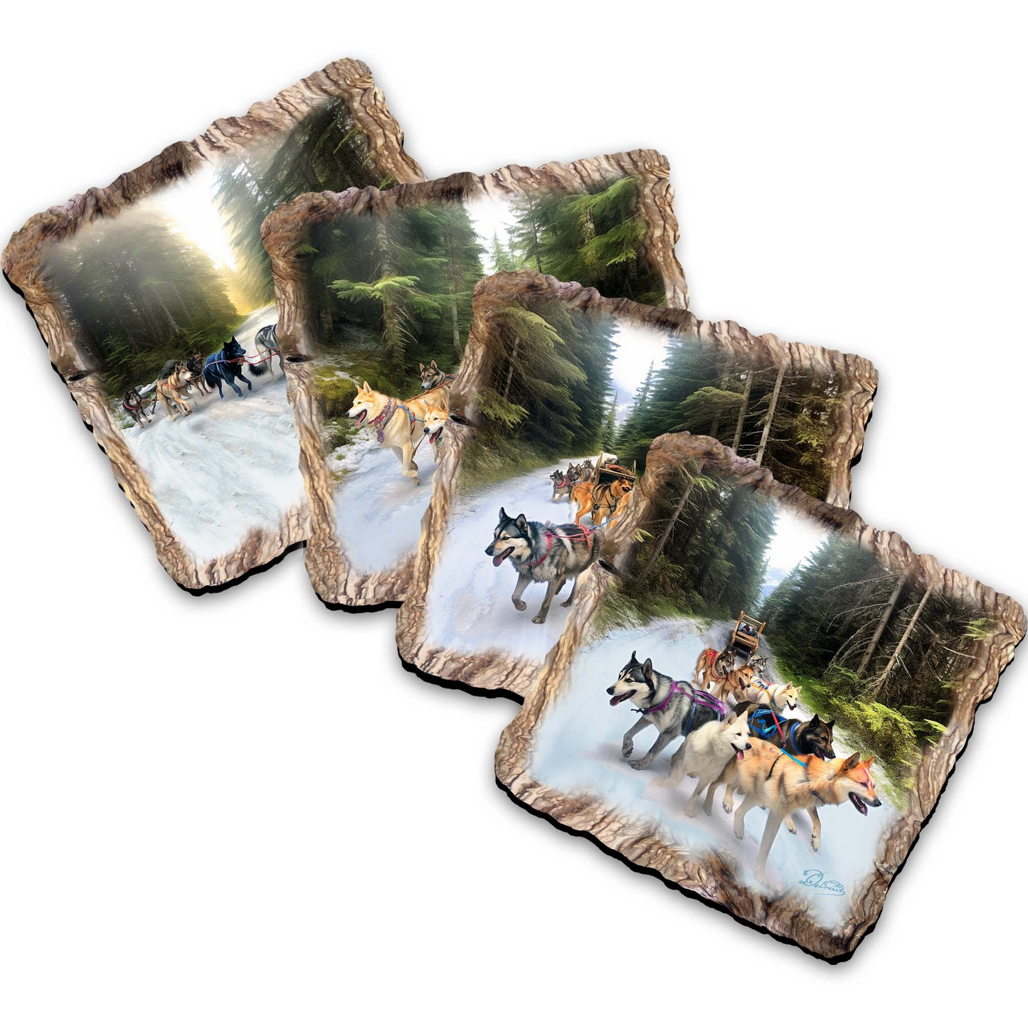 Husky Ride Wooden Cork Coasters Gift Set of 4 by Nature Wonders Nature Wildlife Decor  - 95401C-S4