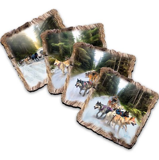 Husky Ride Wooden Cork Coasters Gift Set of 4 by Nature Wonders Nature Wildlife Decor  - 95401C-S4