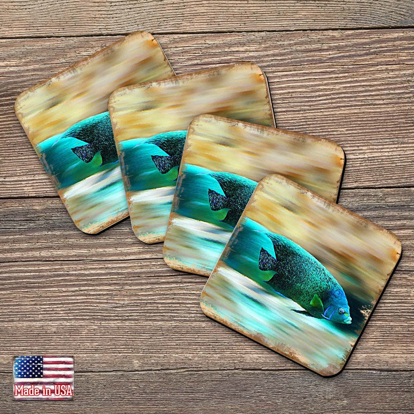 Green Tropical Fish Coastal Wood Coasters Set of 4 by Nature Wonders - 95264C-S4