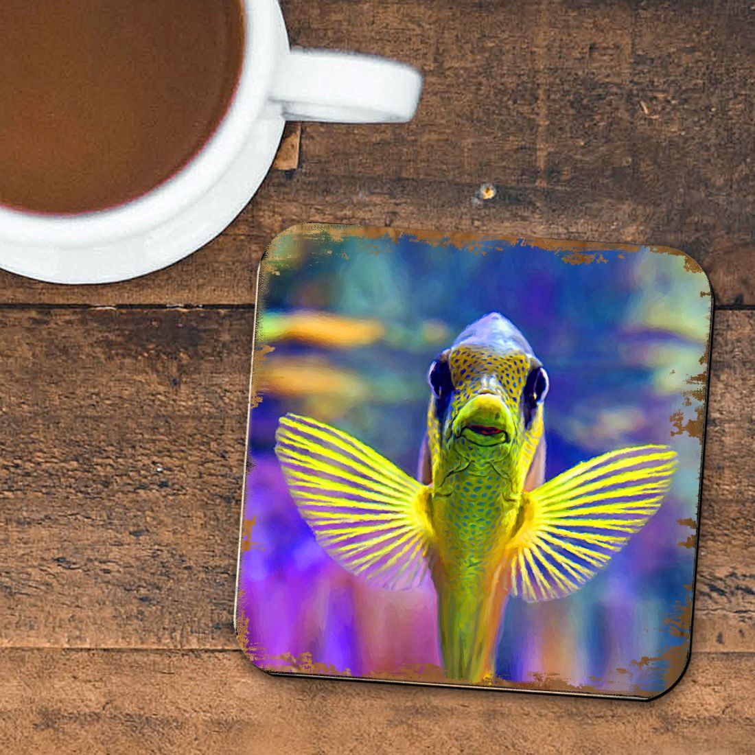 Tropical Fish Coastal Wooden Cork Coasters Gift Set of 4 by Nature Wonders - Coastal Sea-Life Decor - 95263C-S4