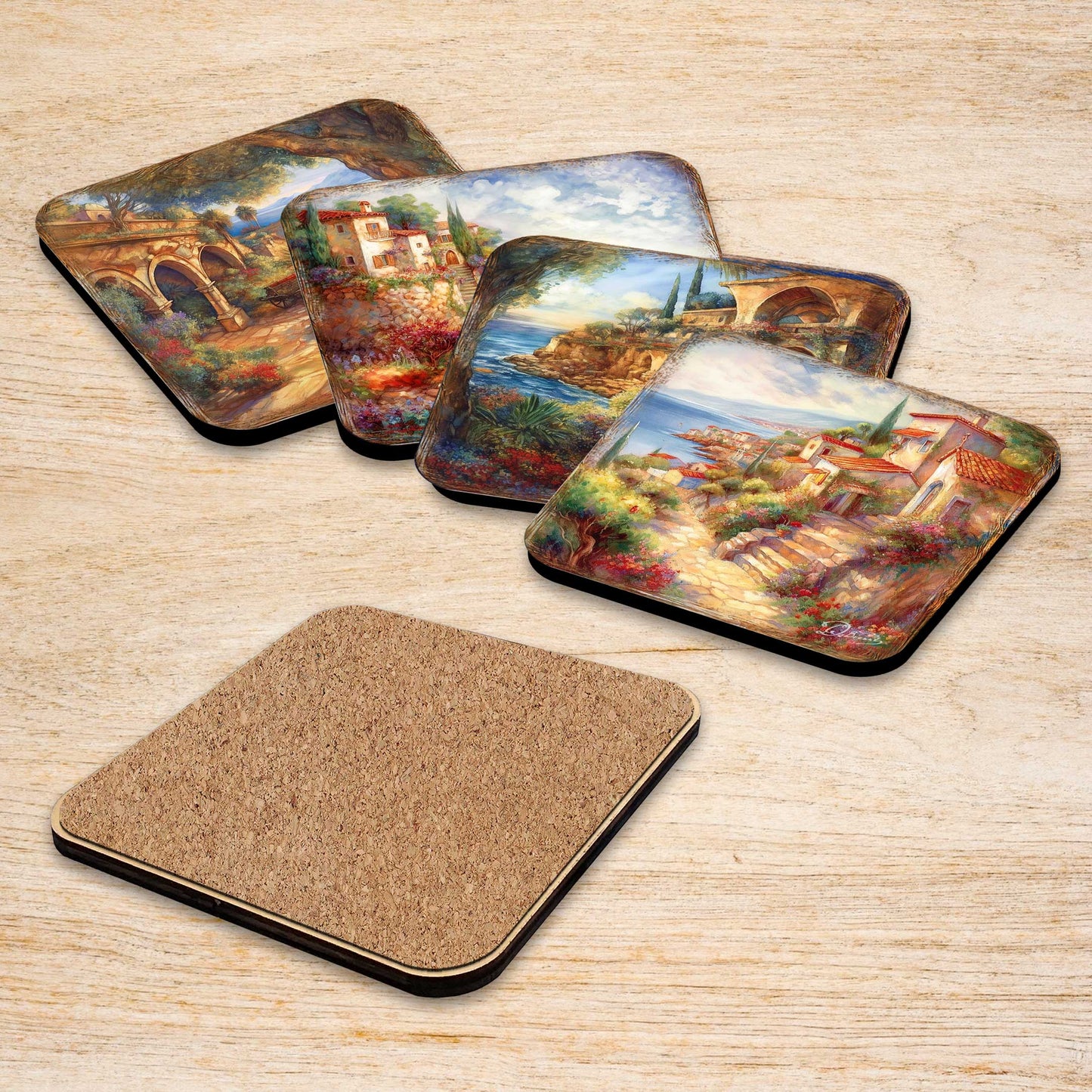 Mediterranean Sea-side Wooden Cork Coasters Gift Set of 4 by G. Debrekht - Coastal Holiday Decor  - 8199475C-S4