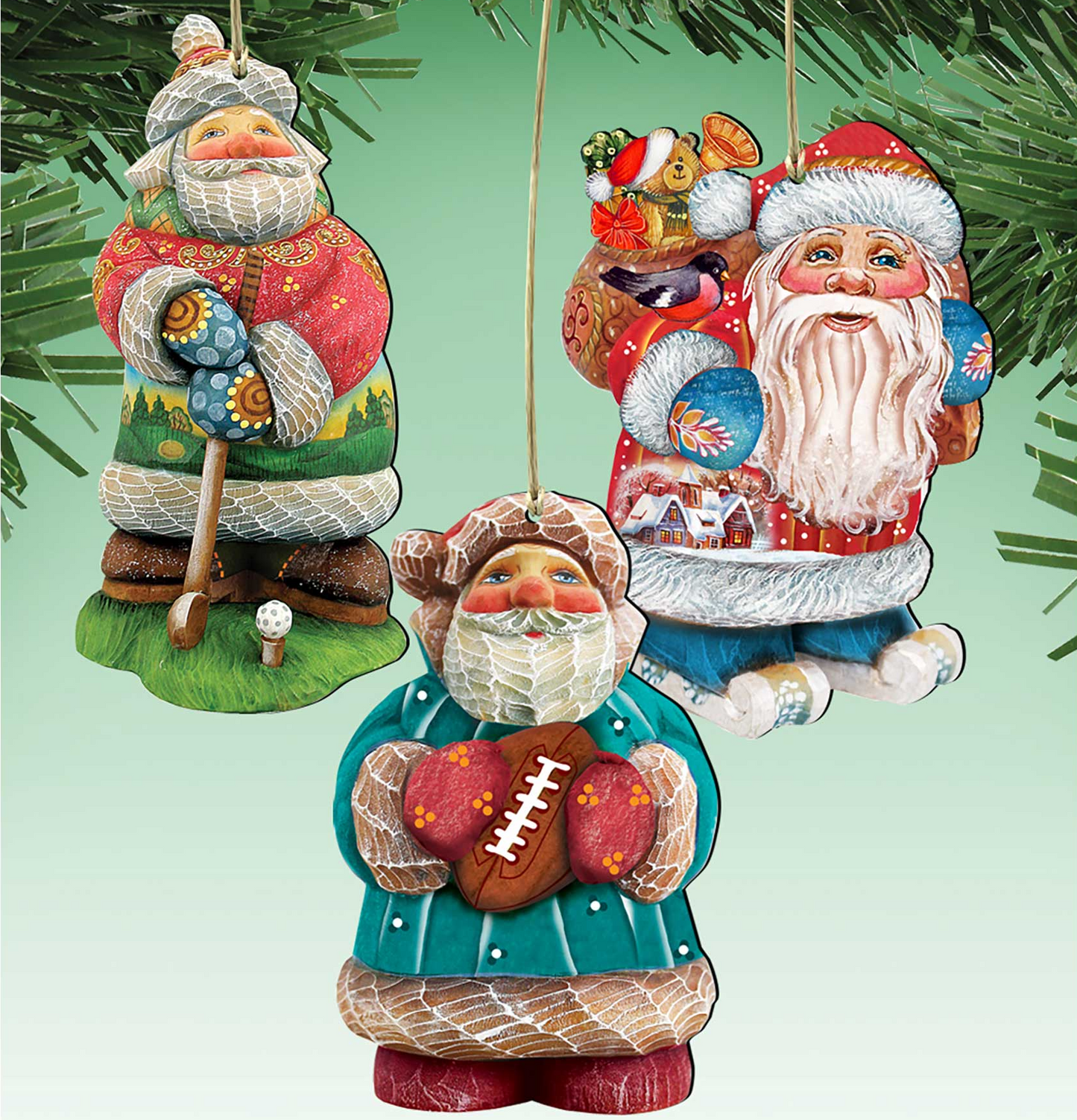 Sporty Santa Wooden Ornaments Set of 3 by G. DeBrekht - Christmas Santa Snowman Décor - 8100031S3
