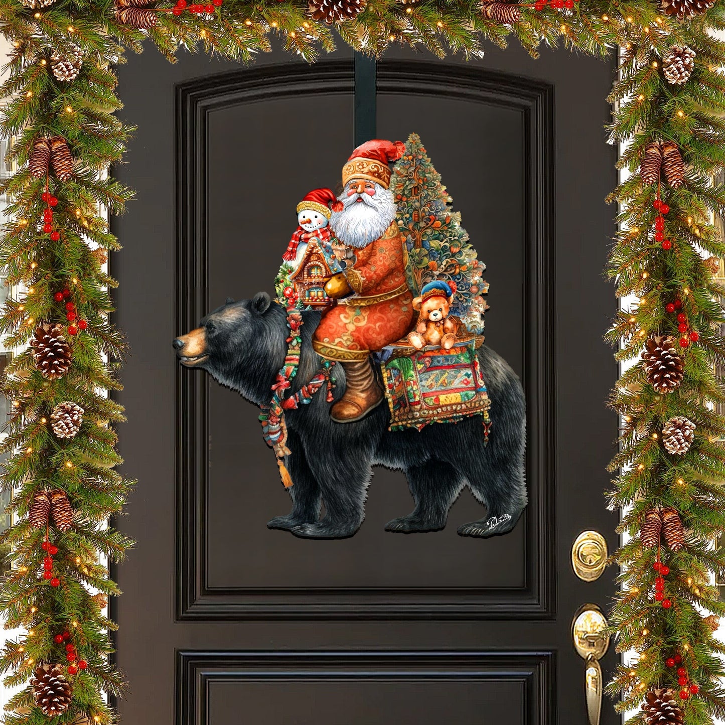 Santa Claus and Black Bear Friend Holiday Door Decor by G. Debrekht - Christmas Santa Snowman Decor - 8611064H