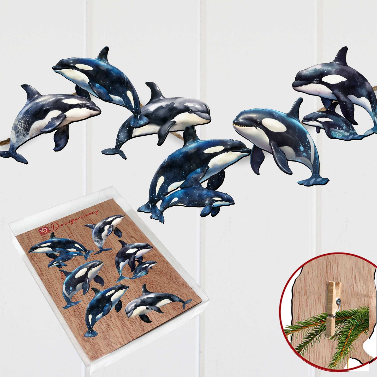 Majestic Orcas Decorative Wooden Clip-on Ornaments Set of 6 by G. Debrekht - Wildlife Decor - 8090102C-S6