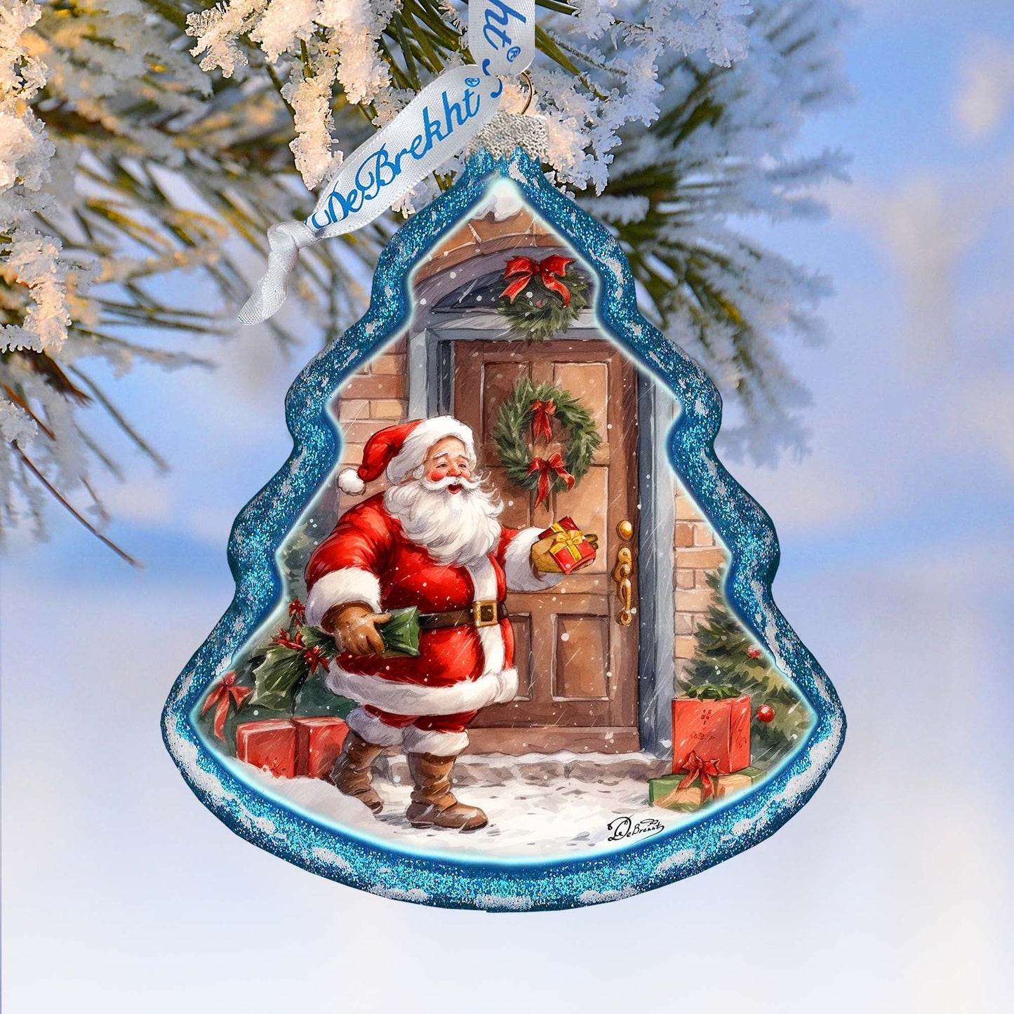 Santa Knocking at the Door Tree Glass Ornament by G. Debrekht - Christmas Santa Snowman Decor - 762-030