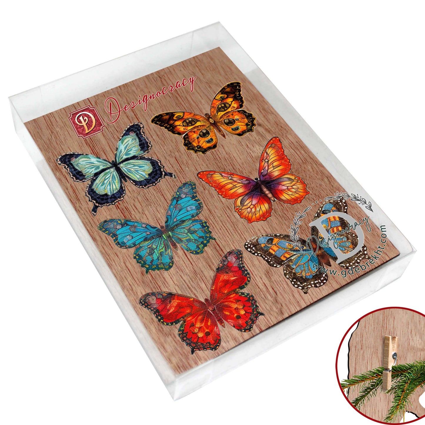 Summer Butterfly Decorative Wooden Clip-on Ornaments of 6 by G. Debrekht - Christmas Decor - 8090012-2C-S6
