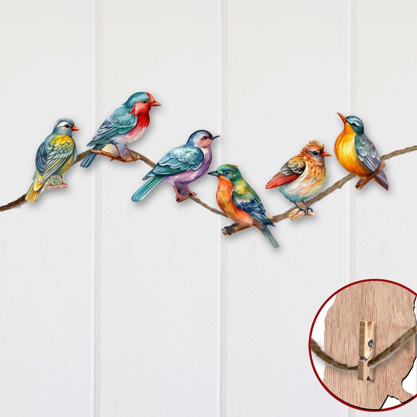 Forest birds Decorative Wooden Clip-on Ornaments of 6 by G. Debrekht - Christmas Decor - 8090015C-S6