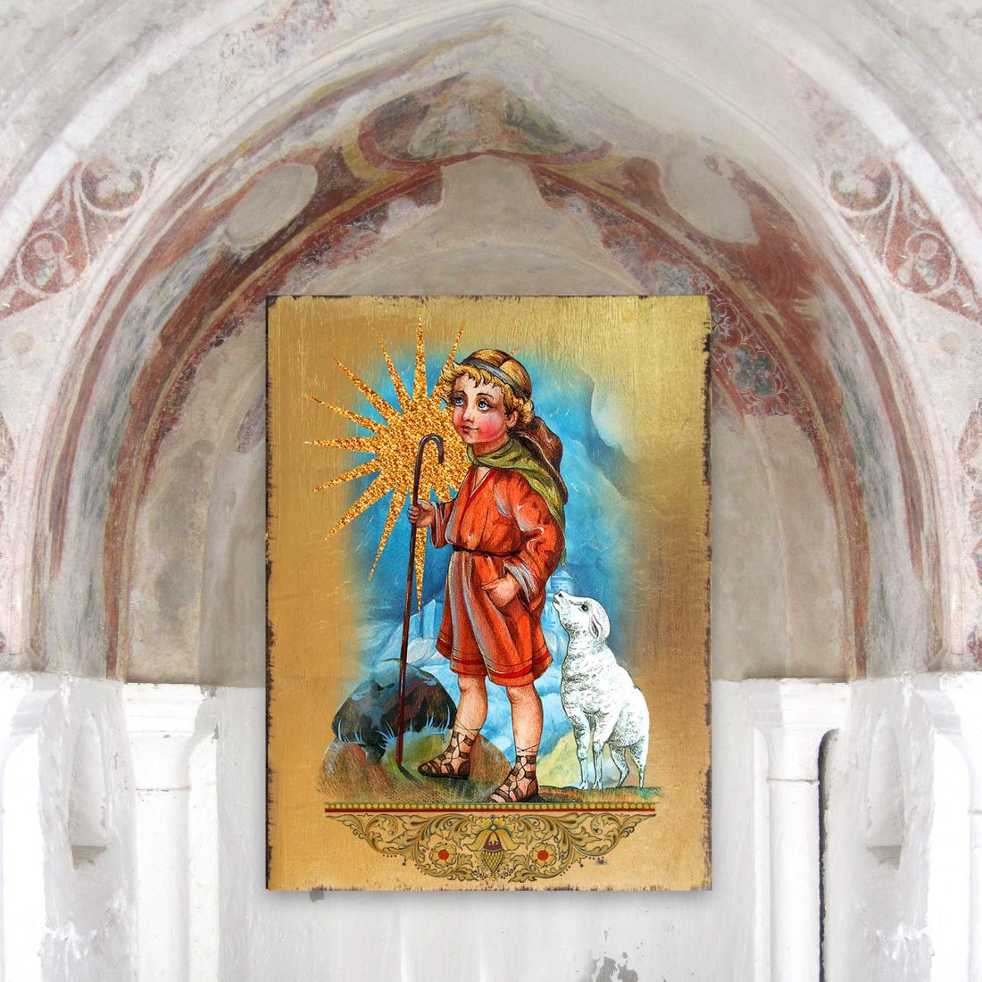 Shepherd Wooden Gold Plated Religious Christian Sacred Icon - Inspirational Icon Decor - 85045