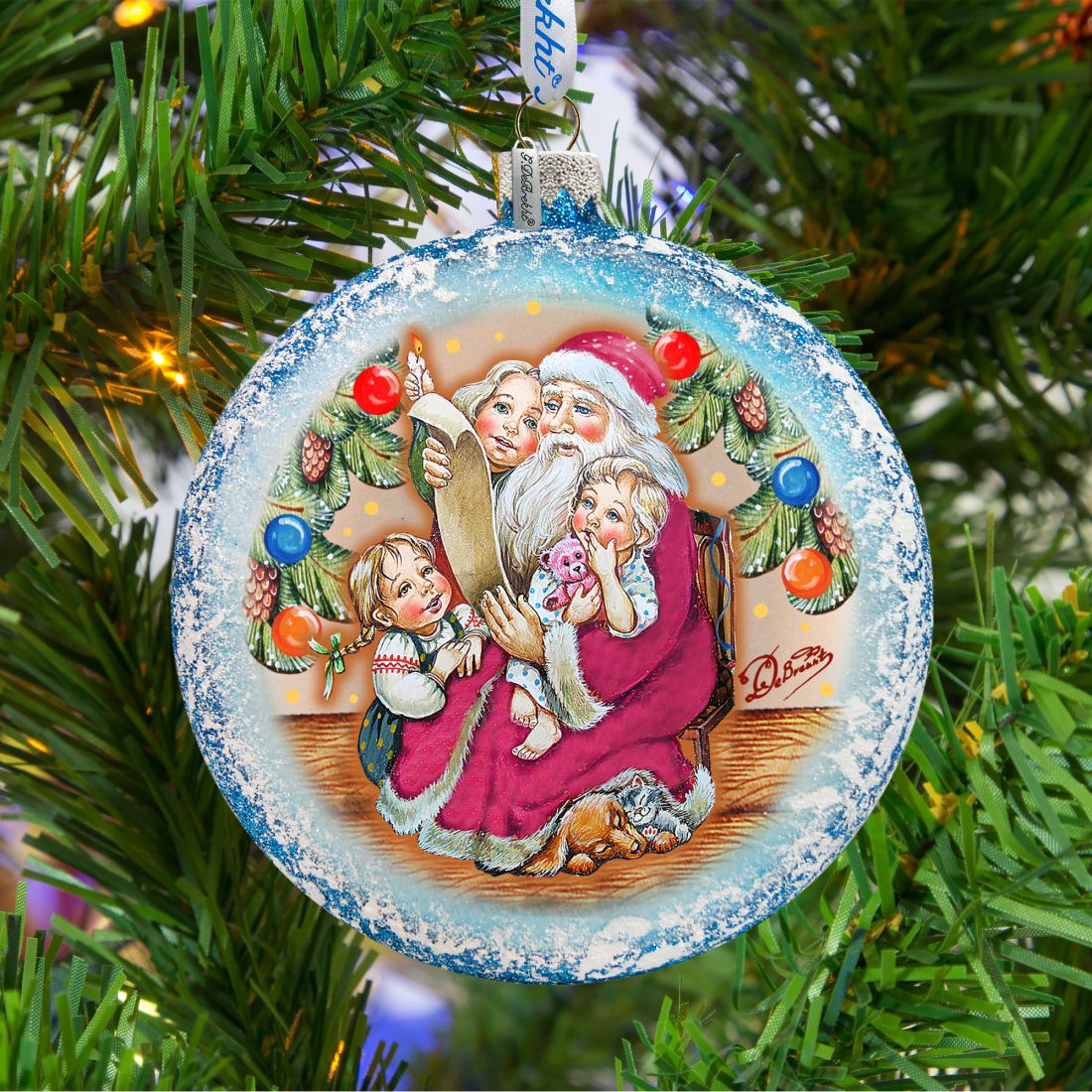 Santa List Circle Glass Ornament by G. DeBrekht - Christmas Santa Snowman Decor - 744-011