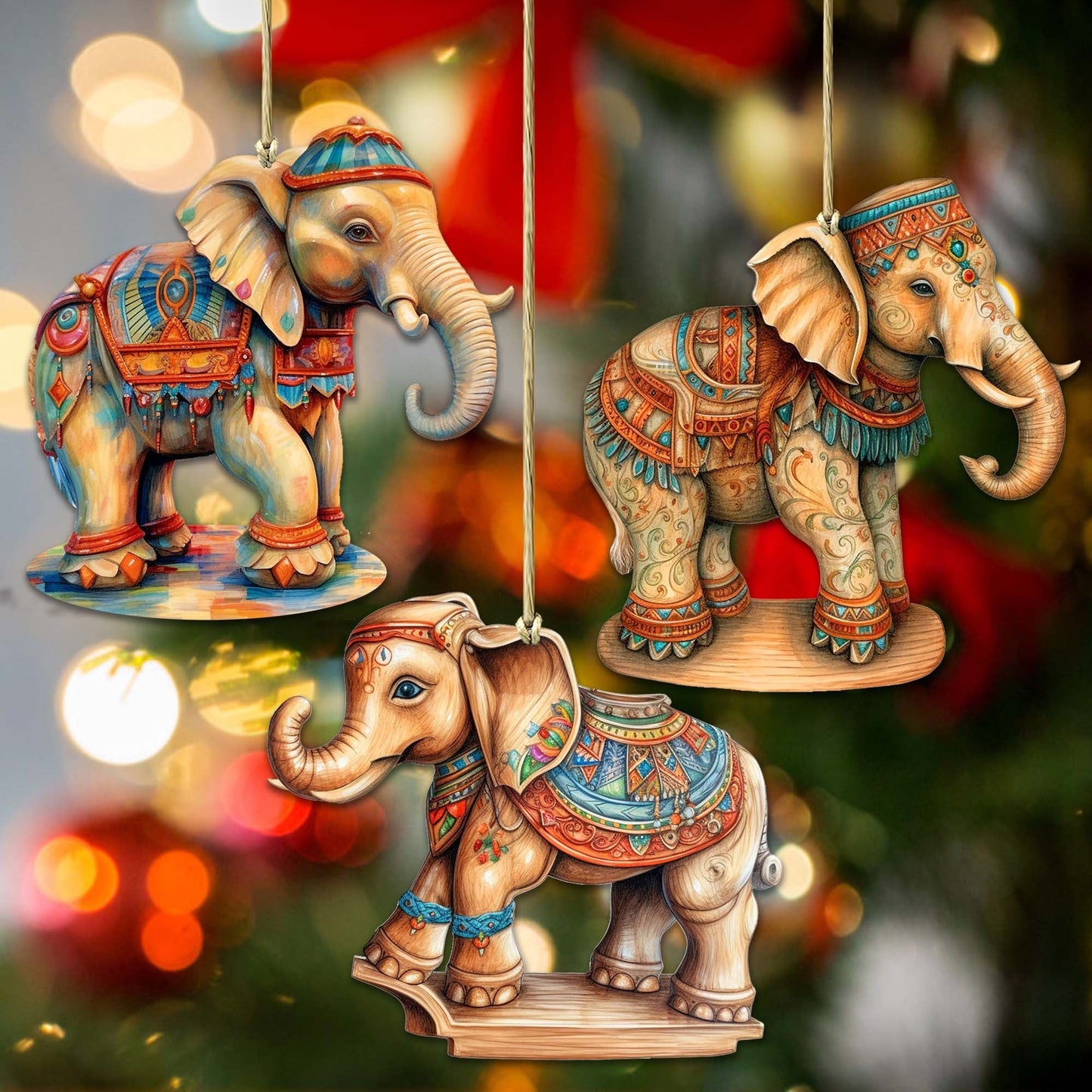 Carousel Elephants Wooden Ornaments Set of 3 by G. Debrekht - Christmas Decor - 8100192S3
