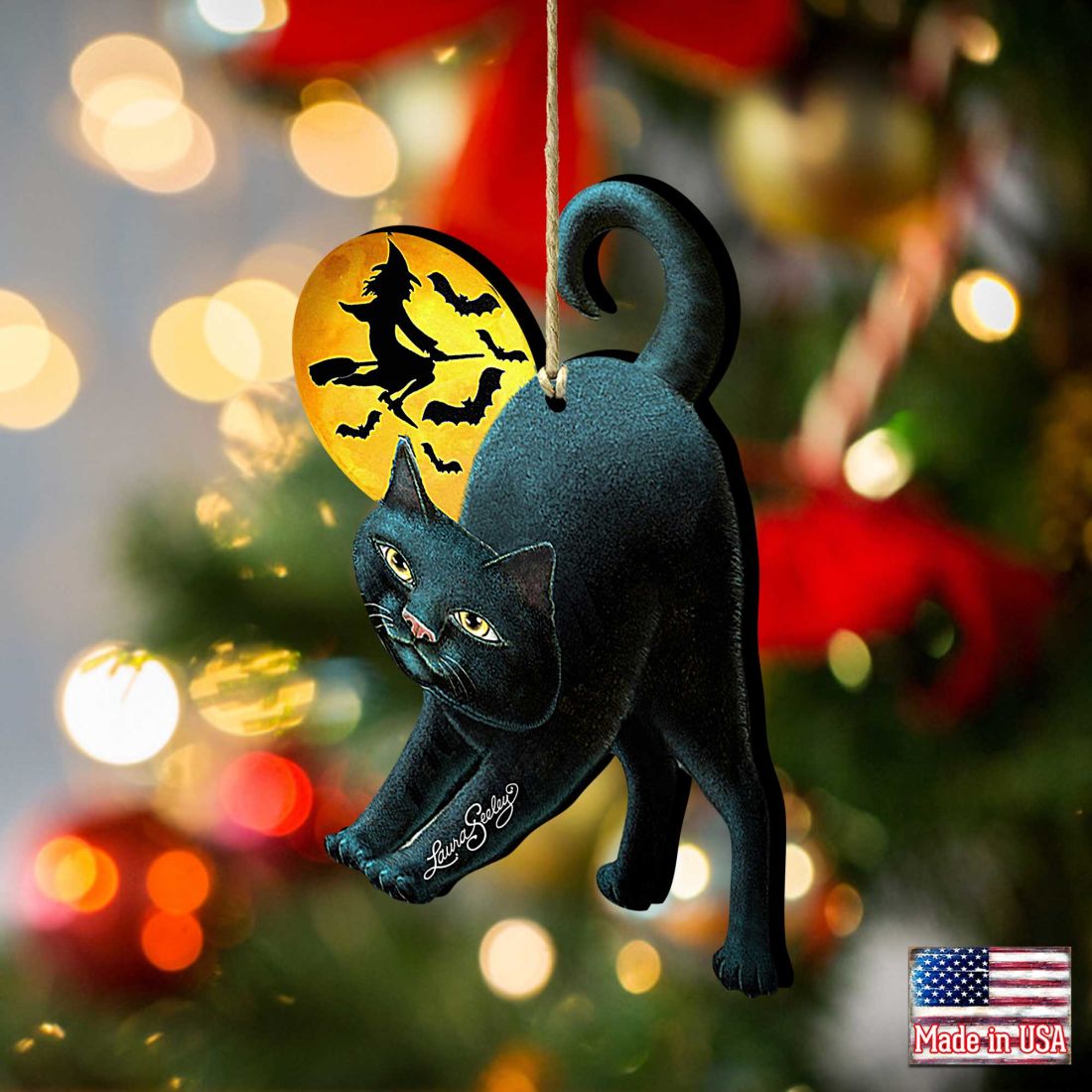 Spooky Night Black Cat Wooden Ornaments by Laura Seeley - Thanksgiving Halloween Decor - 8512054-3-LS