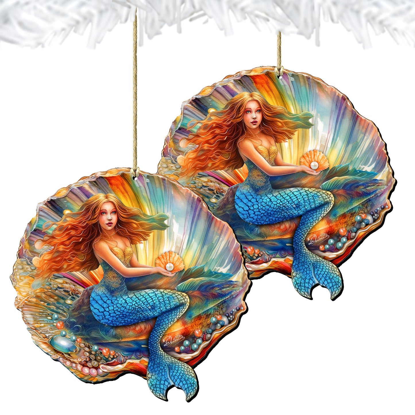 Nautical Christmas Decor - Mermaid in the Shell Wooden Ornaments by G.Debrekht Coastal Holiday Decor - 8688200