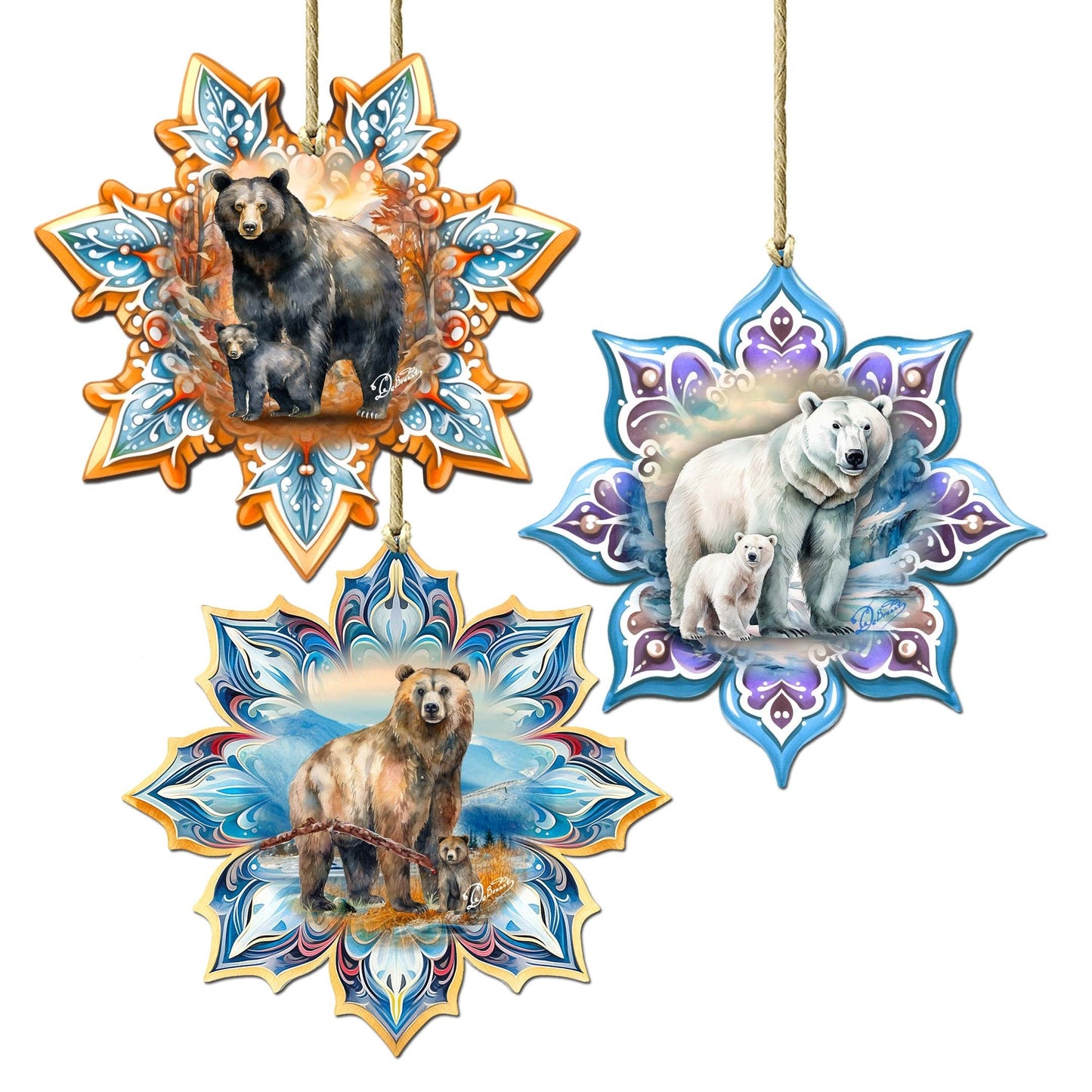 Bears Snowflake Wooden Ornaments Set of 3 by G. Debrekht - Nature Wildlife Decor - 8090143-S3
