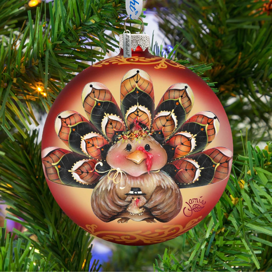 Be Thankful Turkey Sitter Ball Glass Ornament by Jamie Mills-Price - Thanksgiving Halloween Decor - 71210-7702