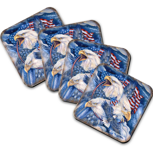 Allegiance American Patriotic Eagles Wooden Cork Coasters Gift Set of 4 by J. Bergsma - Wildlife Decor  - 8199470C-S4