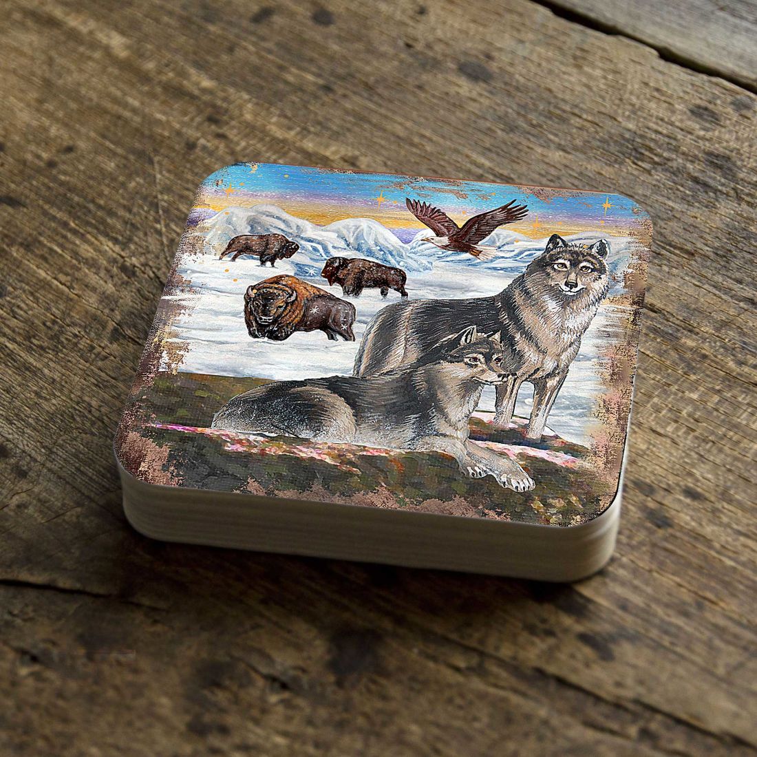 Winter Wolves Wooden Cork Coasters Gift Set of 4 by Nature Wonders - Nature Wildlife Decor  - 95222C-S4