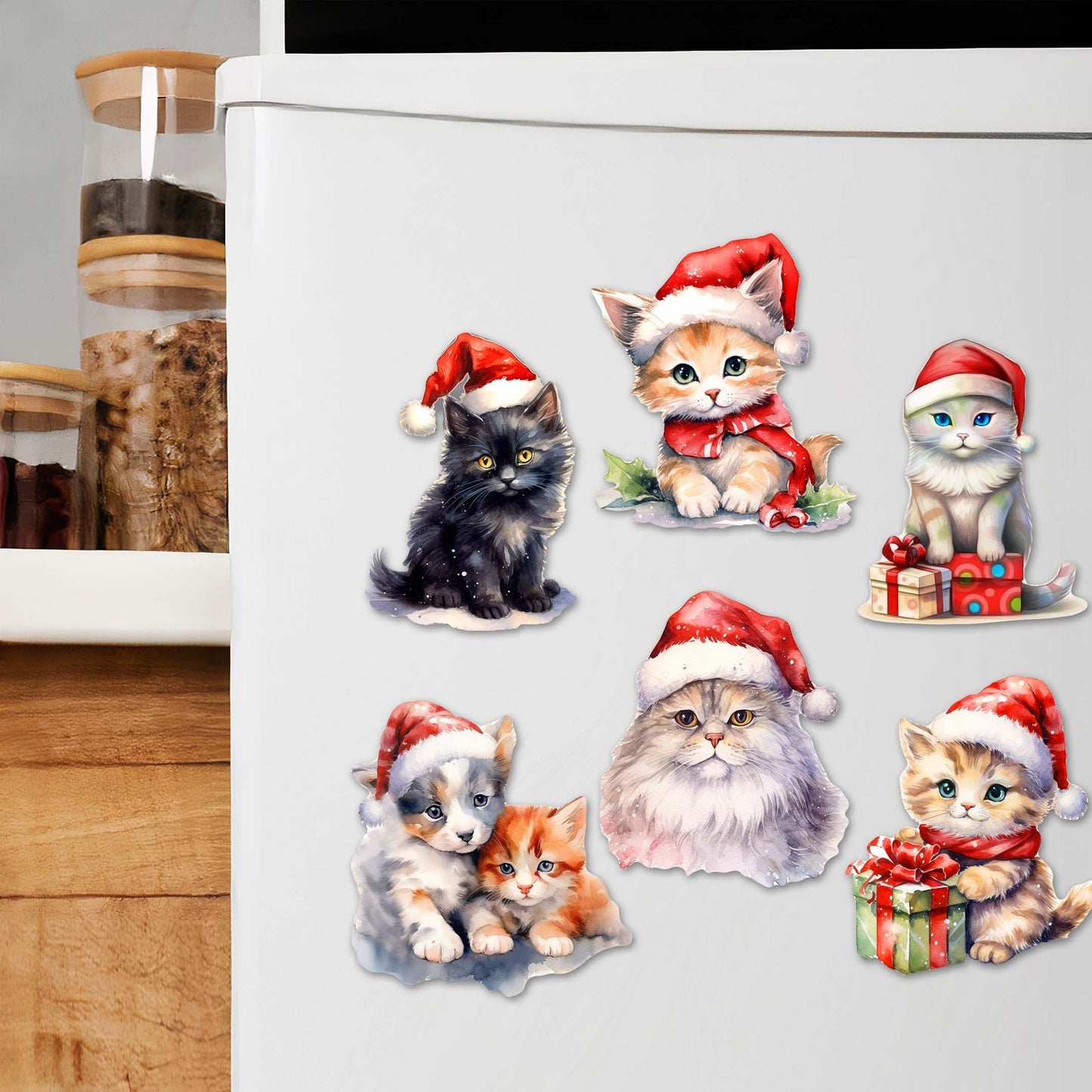 Christmas Cats Decorative Wooden Magnets Set of 6 by G. Debrekht - Pets Dog and Cat Decor - 8090016G-S6