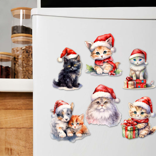 Christmas Cats Decorative Wooden Magnets Set of 6 by G. Debrekht - Pets Dog and Cat Decor - 8090016G-S6