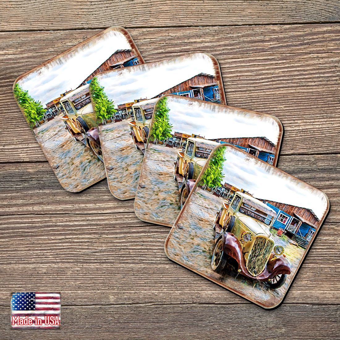 Car Coastal Wooden Cork Coasters Gift Set of 4 by Nature Wonders - Coastal Sea-Life Decor - 95353C-S4