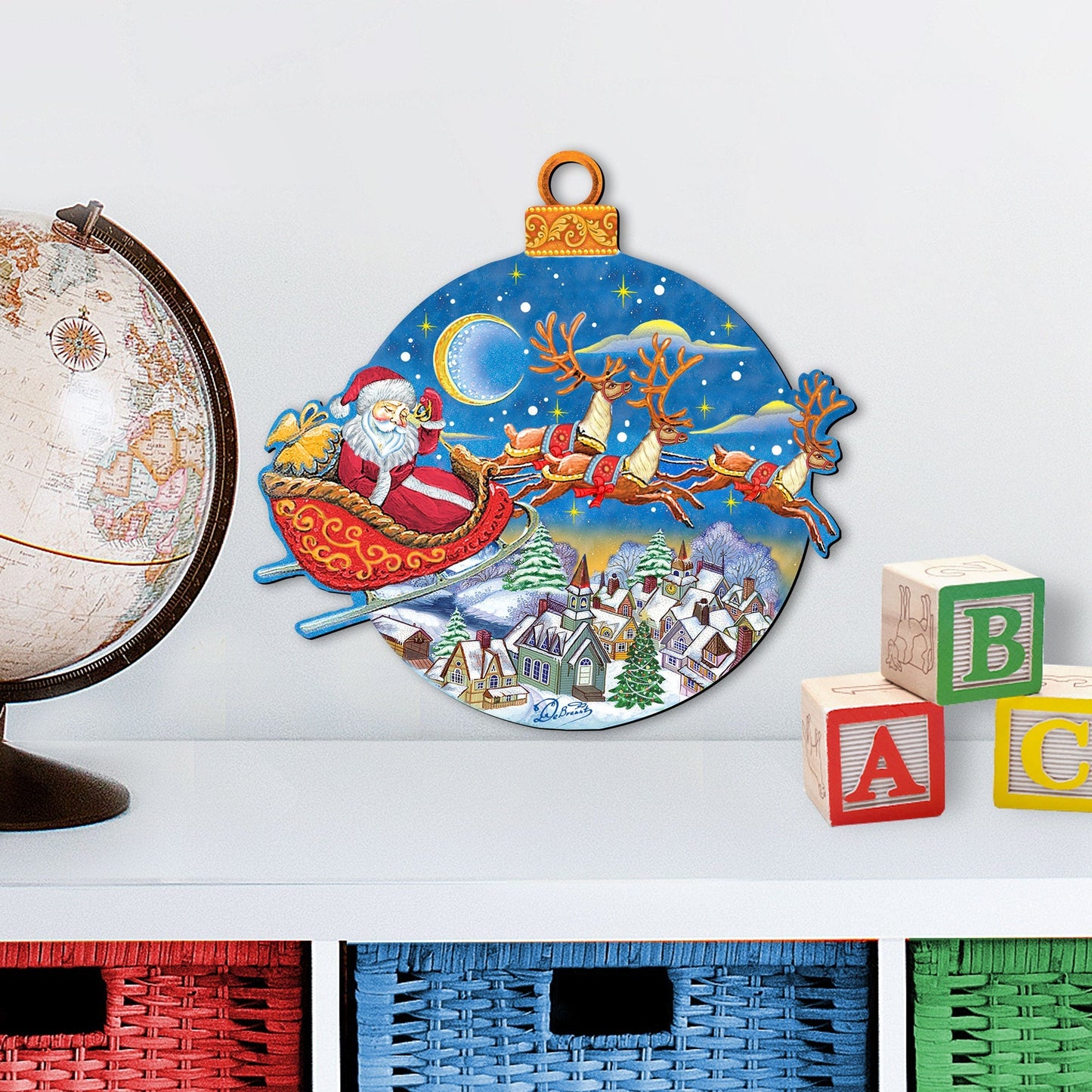 Up-Up and Away Santa Sleigh Ball Door Decor by G. DeBrekht - Christmas Santa Snowman Decor - 8112160H