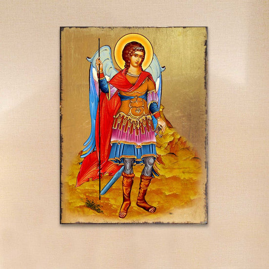 Saint Michael the Archangel Wooden Gold Plated Religious Christian Sacred Icon - Inspirational Icon Decor - 85022
