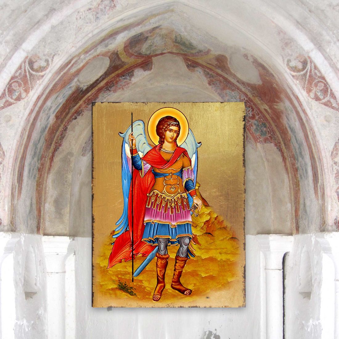 Saint Michael the Archangel Wooden Gold Plated Religious Christian Sacred Icon - Inspirational Icon Decor - 85022