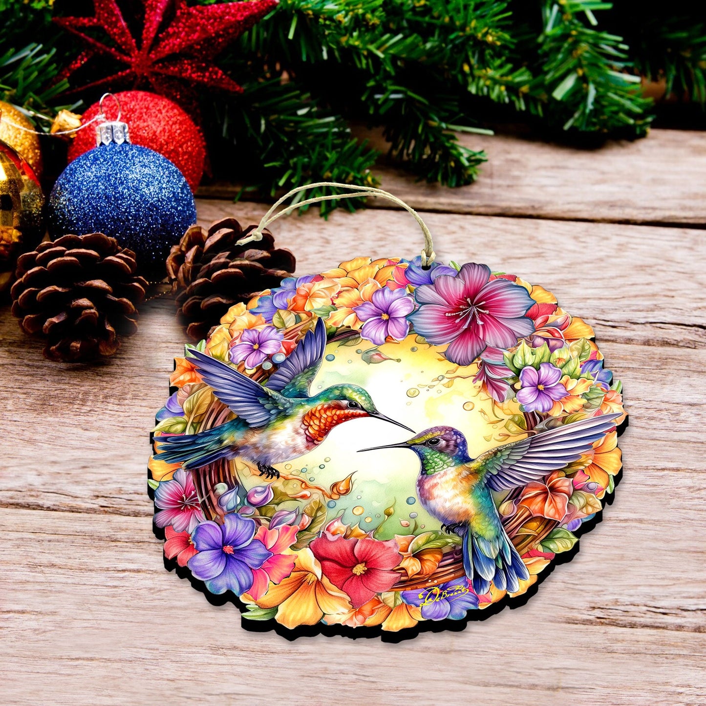 Hummingbirds Wreath Christmas Wooden Ornaments by G. DeBrekht - Easter Spring Decor - 8652804