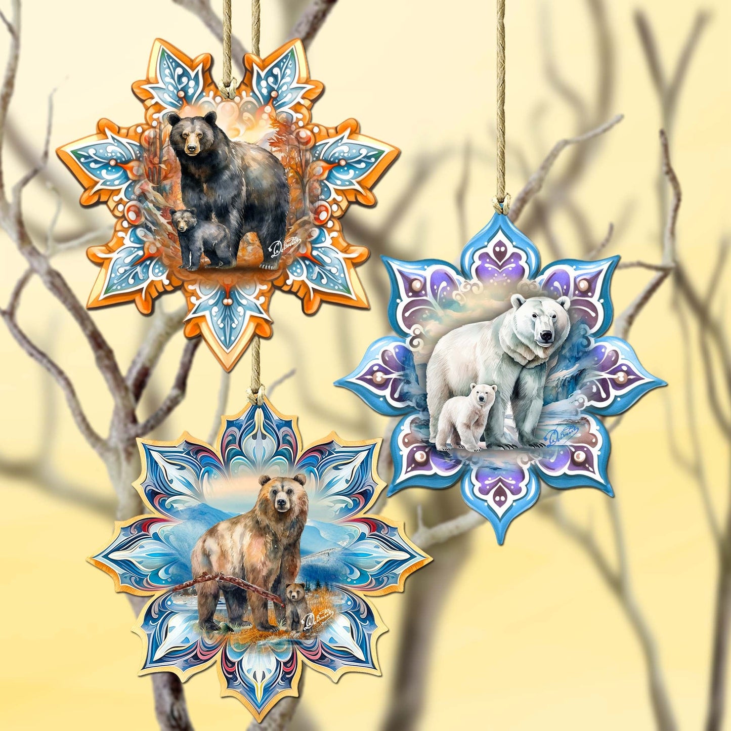 Bears Snowflake Wooden Ornaments Set of 3 by G. Debrekht - Nature Wildlife Decor - 8090143-S3