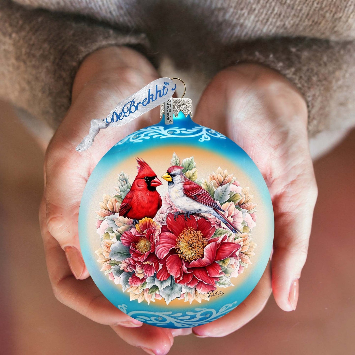 Romantic Cardinals Ball Glass Ornament by G. Debrekht - Christmas Decor - 73378