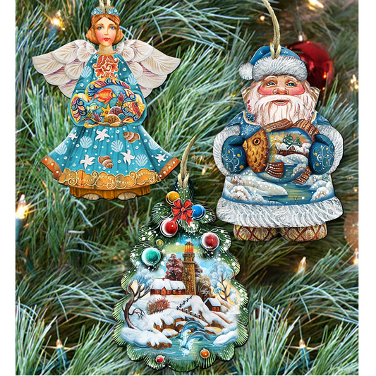 Coastal Wooden Ornaments Set of 3 by G. DeBrekht - Coastal Holiday Decor - 8100036S3