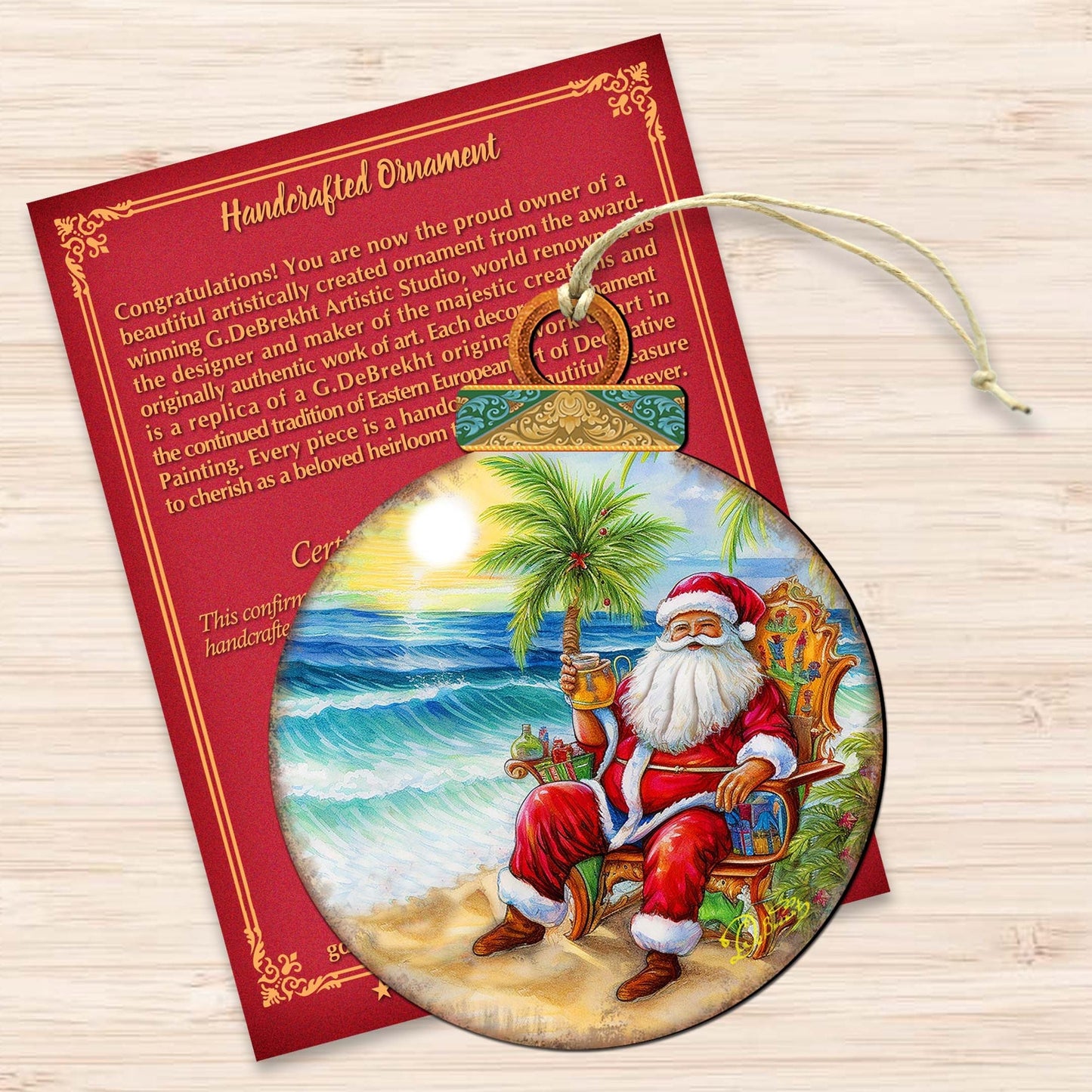 Coastal Christmas Decor - Sunset with Santa Wooden Ornaments by G. Debrekht Coastal Holiday Decor - 8688183