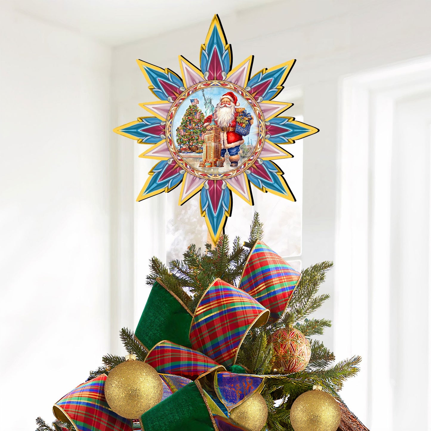 American-inspired Santa Tree Topper Wooden Decor by G. Debrekht  - Santa Snowman Decor - 89523