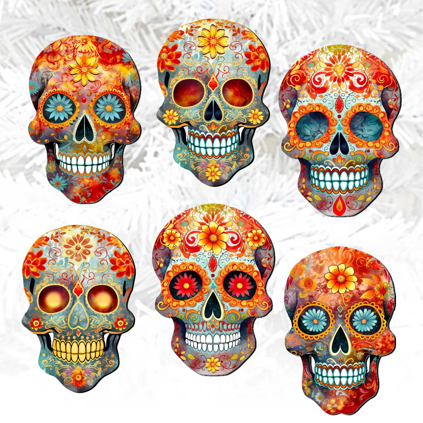 Sugar Skulls Decorative Wooden Clip-on Ornaments of 6 by G. Debrekht - Halloween Decor - 8090071C-S6