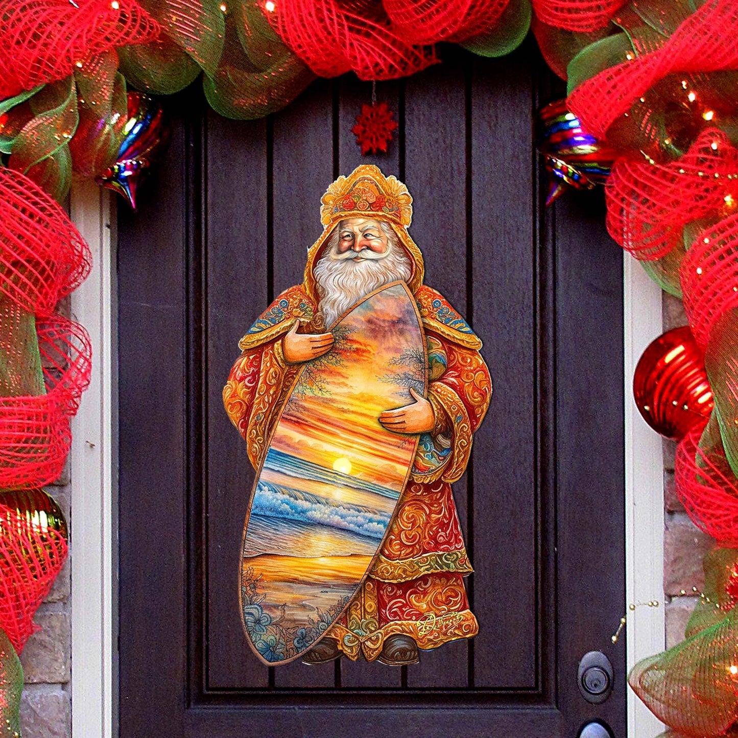Santa's Tropical Surf Ride Holiday Door Decor by G. Debrekht - Christmas Santa Snowman Decor - 8691413H