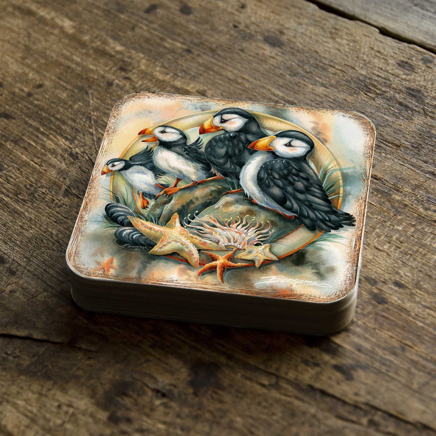 Puffins Wooden Cork Coasters Gift Set of 4 by J. Bergsma - Coastal Wildlife Decor  - 8199462C-S4