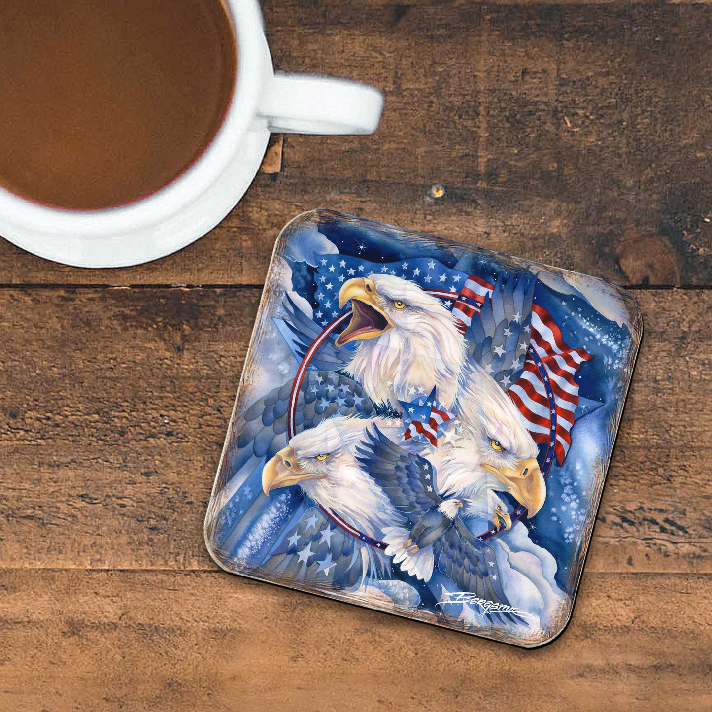 Allegiance American Patriotic Eagles Wooden Cork Coasters Gift Set of 4 by J. Bergsma - Wildlife Decor  - 8199470C-S4