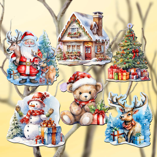 Christmas Is Here Decorative Wooden Clip-on Ornaments Set of 6 by G. Debrekht - Christmas Decor - 8090028C-S6