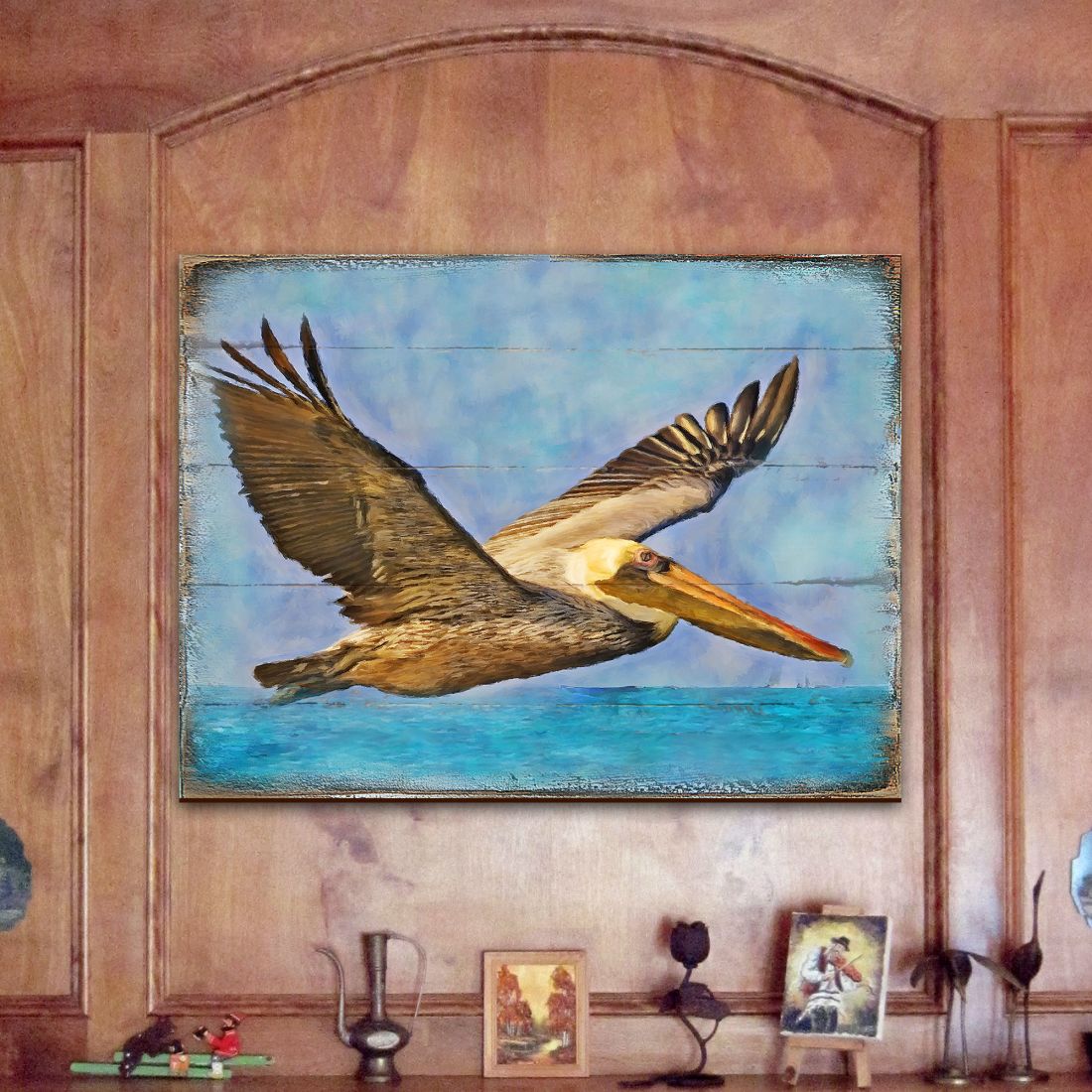 Flying Pelican Wooden Coastal Wall Art by Nature Wonders - Coastal Sea-Life Decor - 95387B