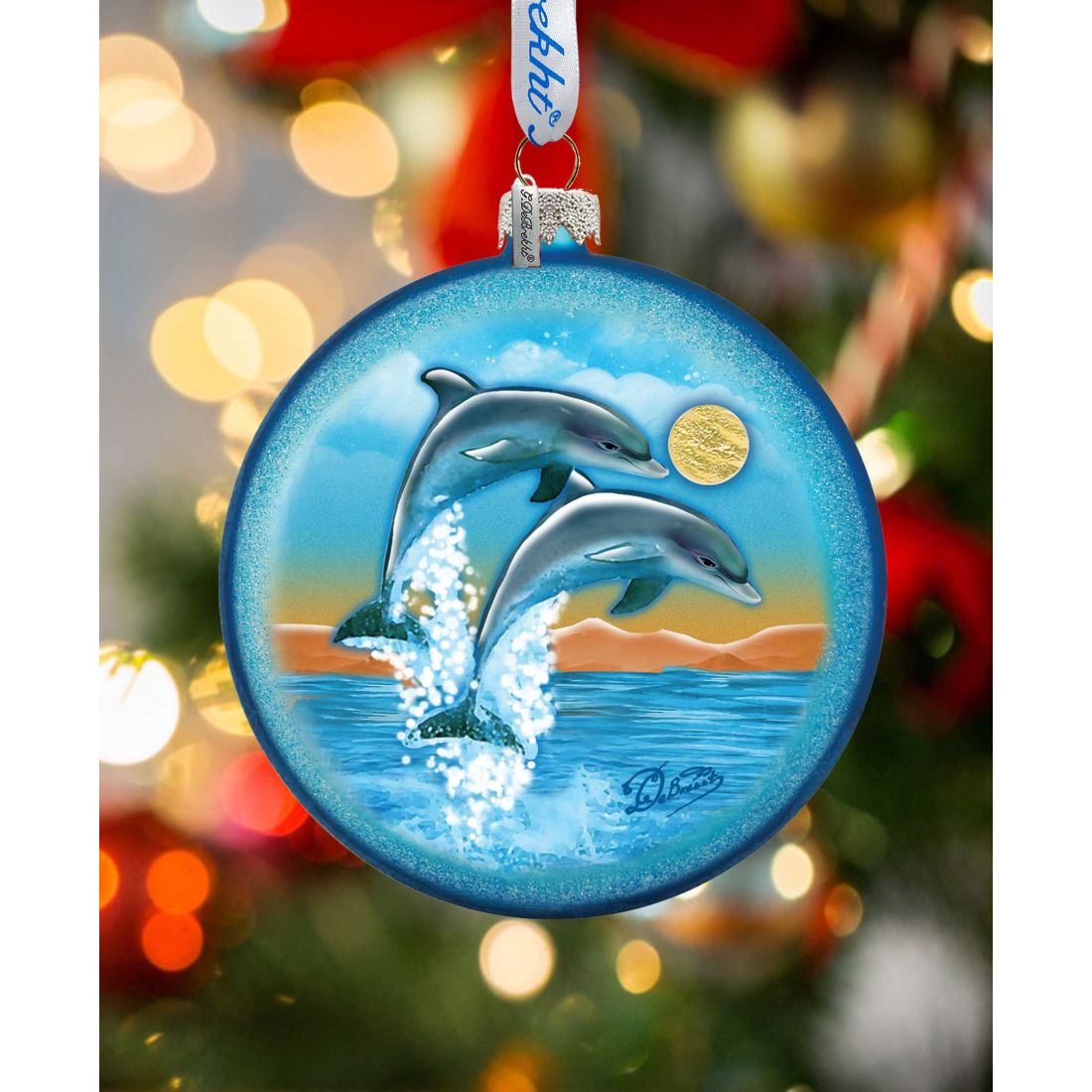 Dolphins Fly Glass Ornament by G. DeBrekht - Coastal Holiday Decor - 744-023