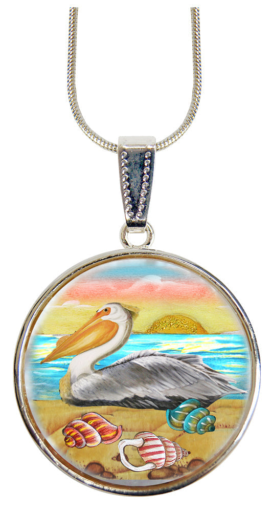 Pelicans Birds at Sea Silver Plated Mother of Pearl Jewelry Pendant Necklace Coastal - 44047