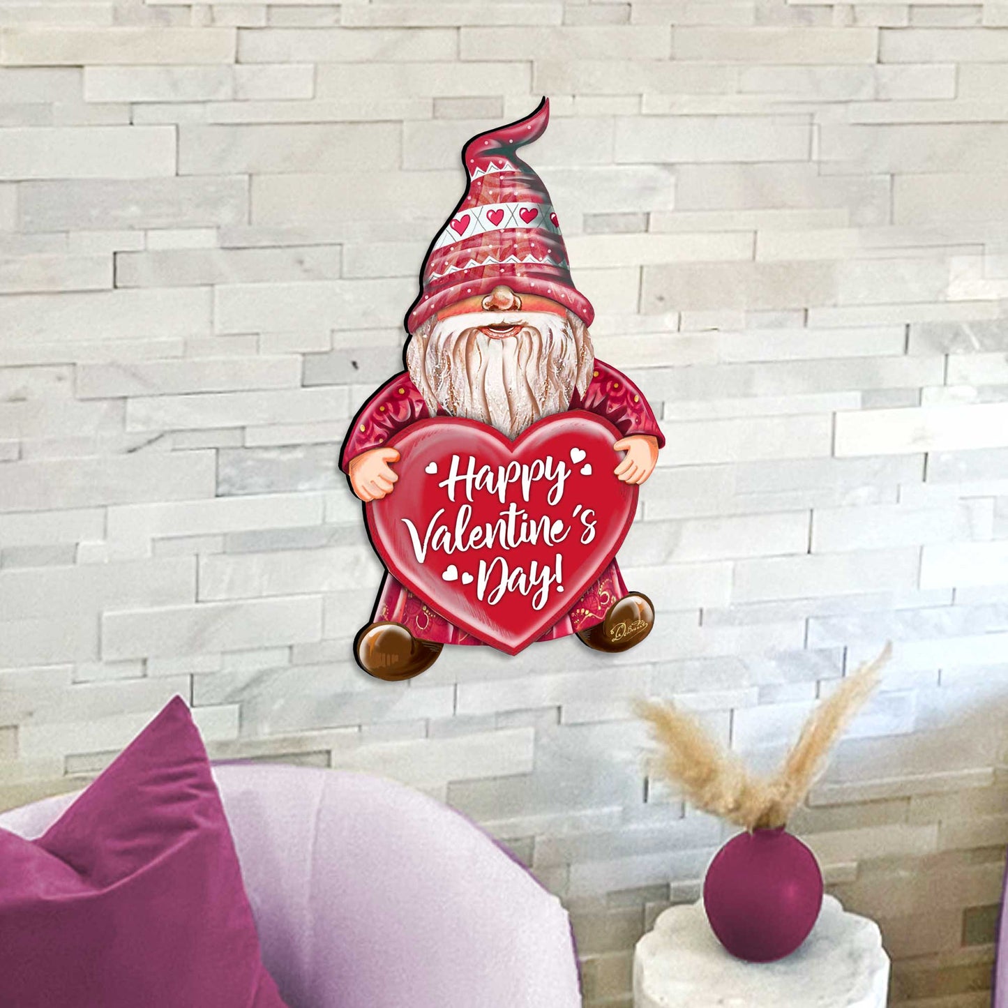 Happy Valentines Gnome Wooden Door Hanger Wall Art by G. DeBrekht - Love Family Kids Decor - 8611020H
