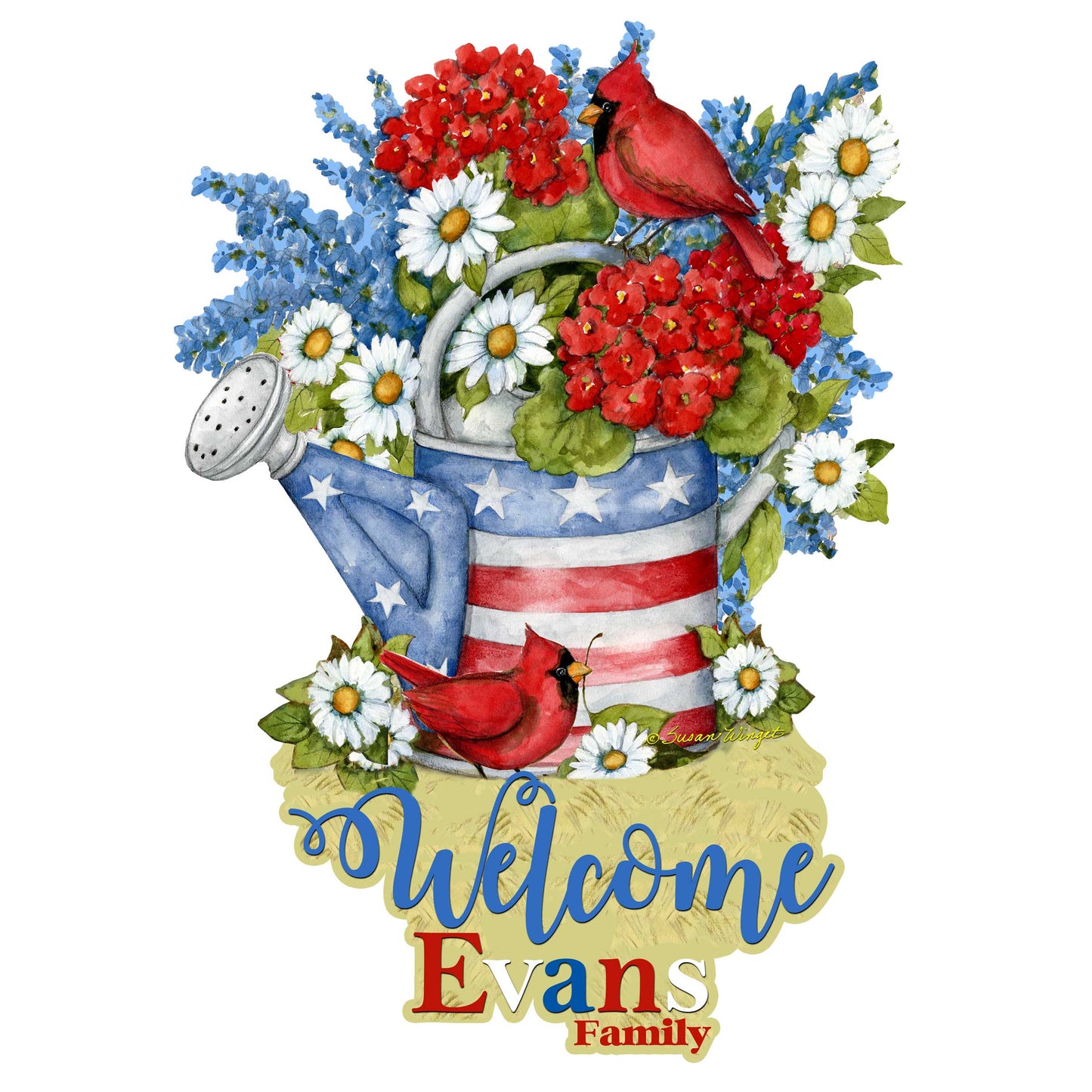 Personalized Custom Front Door Sign Patriotic Decoration with American Watering Can Family Name Welcome Sign Handmade Gift Rustic Adornment for Wooden Front Porch Decor by Susan Winget - 8471212HC-SW
